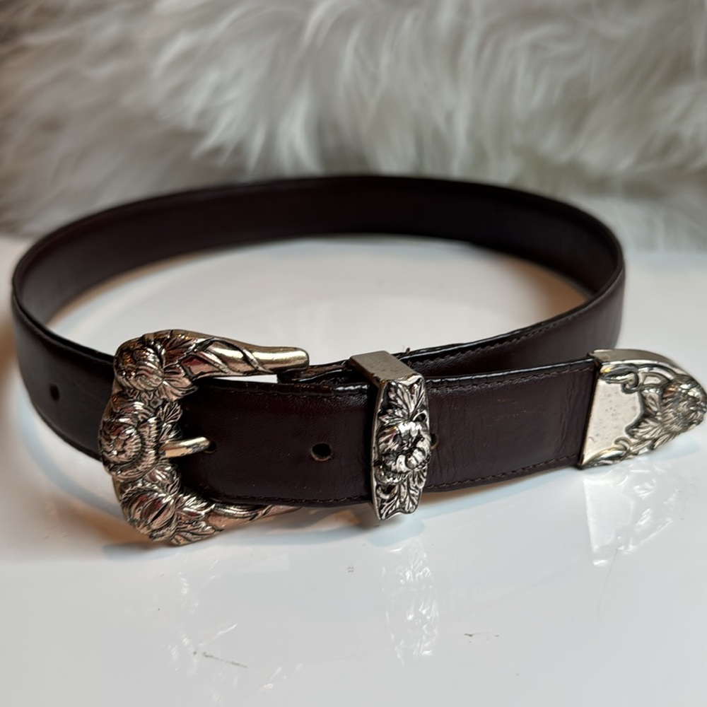 Donna Katz Western Genuine Leather Belt Dark Brown Silver Buckle Sz S